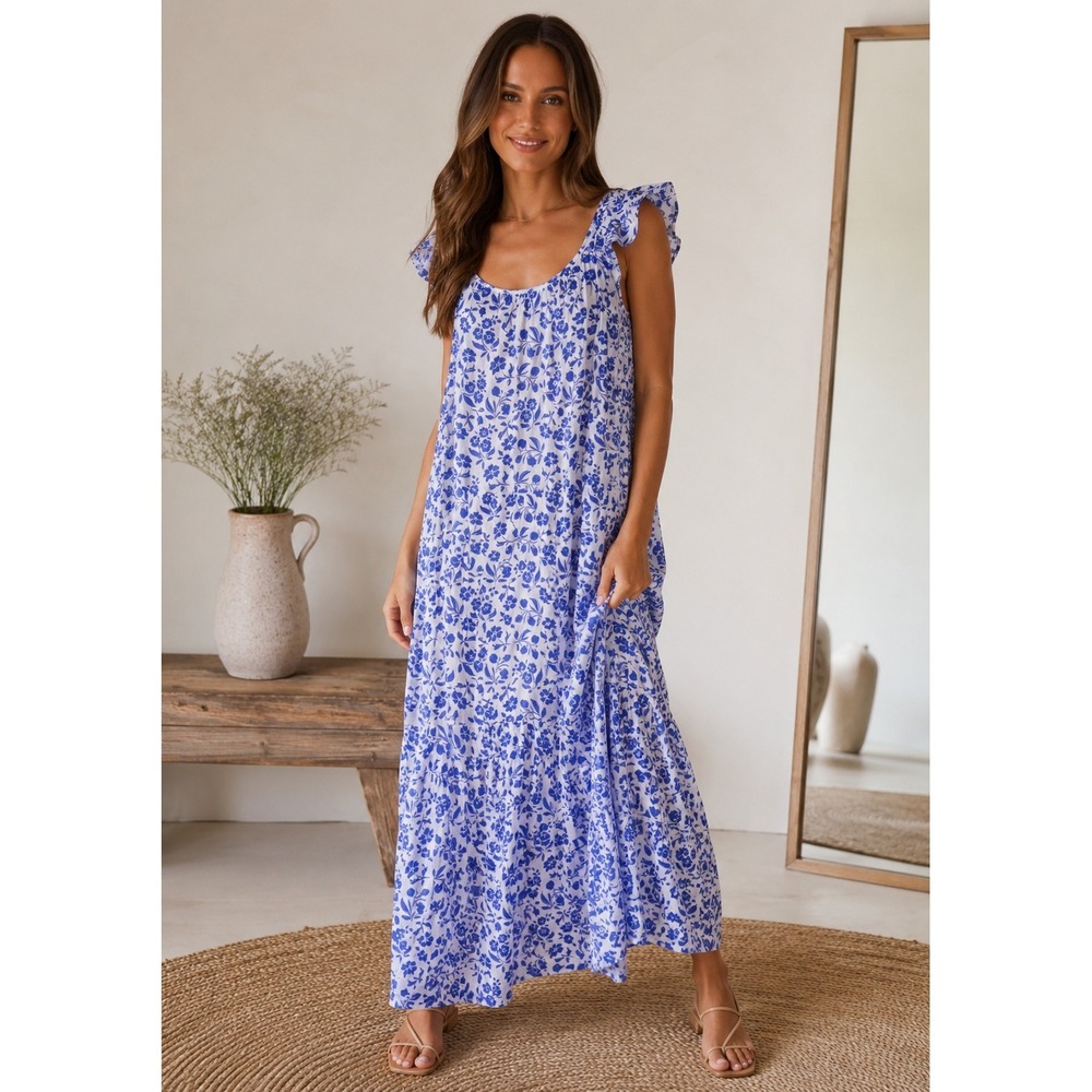 Olivia James‎ The Label Floral Tiered Maxi Dress Blue White Flutter Sleeve XS